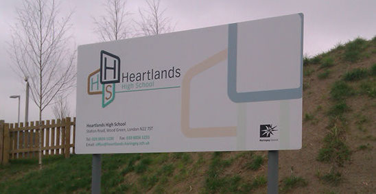 Large Plate and post sign for Heartlands High School.