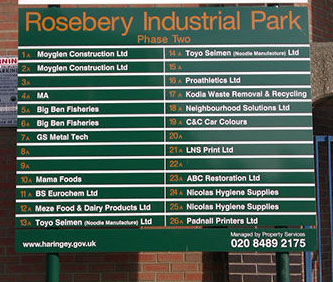 Industrial Estate Signage mounted onto posts for Haringey Council.
