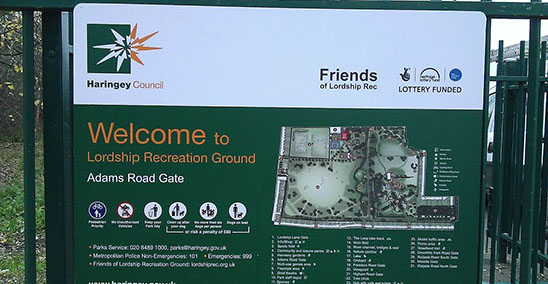 Fence mounted sign for Haringey Council and Lottery Fund.